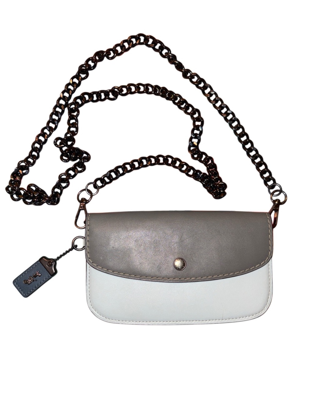 Coach 1941 Colorblock Clutch Blue Gray Navy with gunmetal crossbody chain 36136